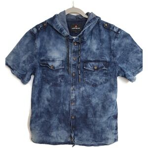Airwalk Shirt Mens Large Blue Denim Short Sleeve Hooded Button Down‎ Distressed